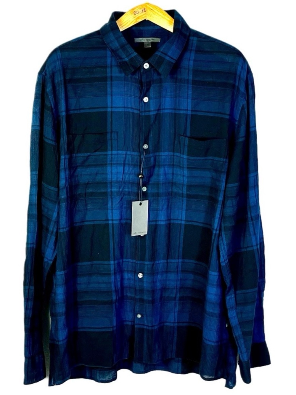 John Varvatos Maverick Cotton Blue Plaid Button Down Shirt XL Lightweight NWT